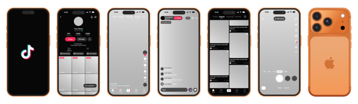 TikTok social media mobile app UI UX interface mockup template. iPhone 17 Pro Max smartphone screen design kit, feed, profile, like, comment, share, notification button layout