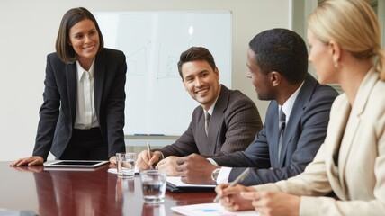 Fototapeta premium Business team meeting with a presentation on a whiteboard in the background and people taking notes at a conference table with a tablet