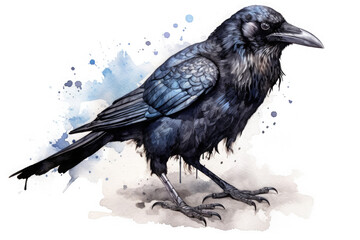 Fototapeta premium Majestic black raven stands gracefully against a watercolor splatter background showcasing intricate details and the beauty of nature