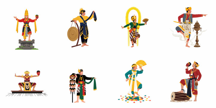 Collection of Indonesian Male Traditional Dancers in Various Poses and Costumes Featuring Masks Musical Instruments and Cultural Elements