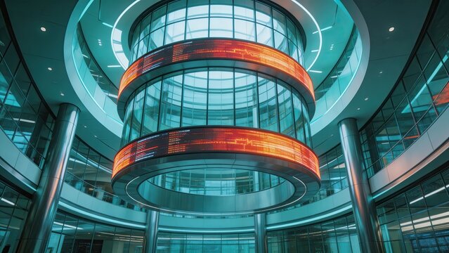 Futuristic glass atrium with glowing digital stock market tickers modern financial trading center interior hightech corporate business architecture abstract data visualization