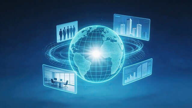 Digital hologram of a glowing blue Earth globe surrounded by floating virtual screens showing business teams city skylines office interiors and data charts symbolizing global