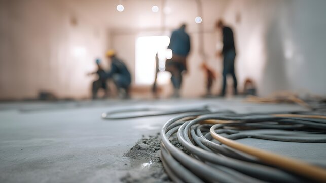 Construction site with workers focused on renovation, showcasing tools and equipment in an active environment.