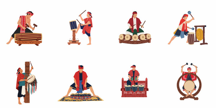 Set of vector illustrations featuring Southeast Asian men in traditional attire playing various ethnic percussion instruments like drums and gongs.