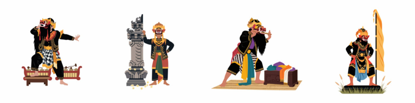 Set of traditional Balinese dance illustrations featuring Barong mask performers, temple architecture, and cultural elements isolated on a white background.