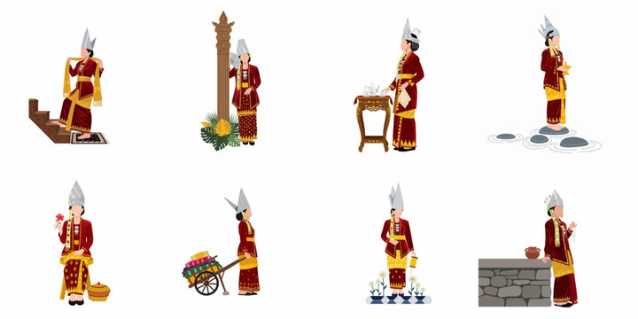 Collection of flat illustrations showing women in traditional Minangkabau attire from West Sumatra, Indonesia, in various cultural and daily life poses.