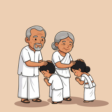 Aluth Aurudu Sri Lankan Children Respecting Elders Ayubowan Blessing Sinhala New Year Tradition Illustration