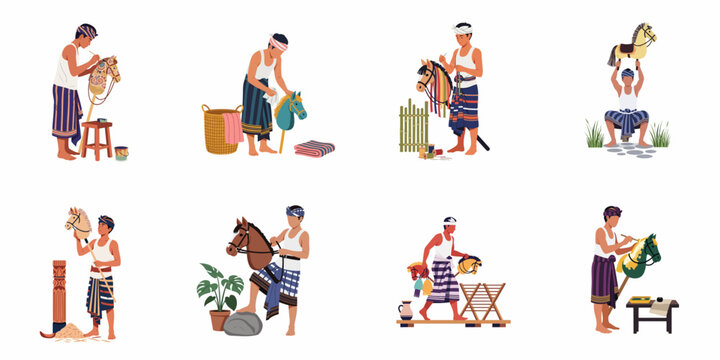 A set of illustrations showing traditional Indonesian craftsmen making and decorating Kuda Lumping hobby horses in various stages of the process.