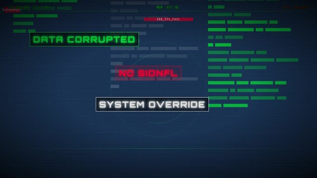 Futuristic computer screen shows red code glitches and system override warnings to represent a data breach for cybersecurity concepts.