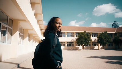 Fototapeta premium Young Woman Walking Toward Modern School Building