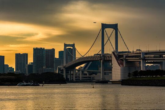 Scenic urban landscape featuring large bridge and skyscrapers at dusk