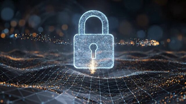 Cyber security animation video with glowing digital padlock, encrypted protection concept, secure data defense and futuristic network privacy background