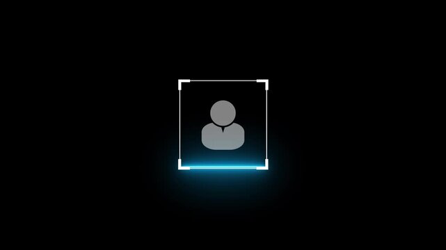 User profile icon with scan animation on a black background, Face recognition scan animation, user id profile scanning concept.