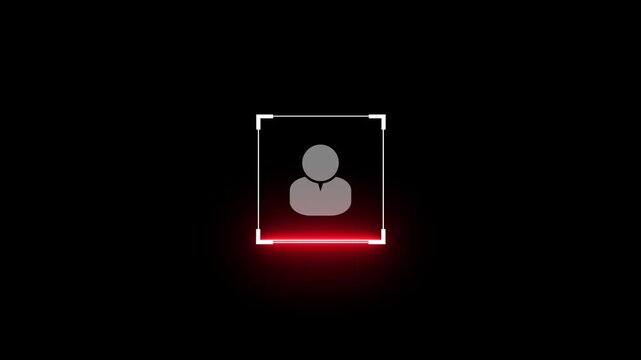 User profile icon with scan animation on a black background, Face recognition scan animation, user id profile scanning concept.