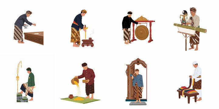Flat Vector Illustration Set of Javanese Men in Traditional Indonesian Clothing Performing Various Cultural Rituals and Activities
