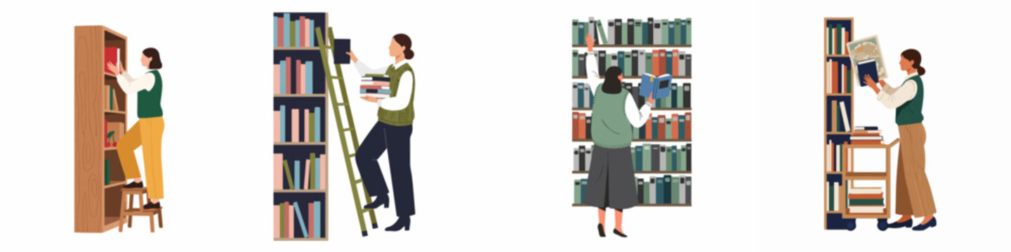 Set of flat illustrations featuring women organizing, browsing, and shelving books in a library or bookstore setting with ladders and carts.