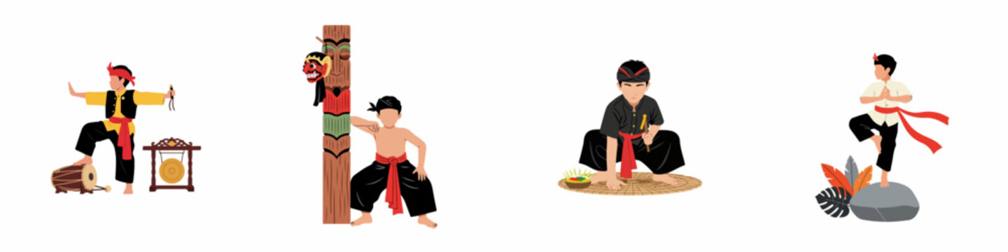 Set of Indonesian boys practicing Pencak Silat martial arts and traditional cultural ceremonies featuring traditional attire, musical instruments, and ritual masks.