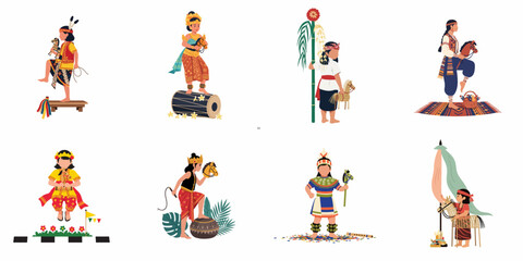 Fototapeta premium Set of flat vector illustrations depicting children in traditional Indonesian costumes performing cultural dances with woven horse effigies.