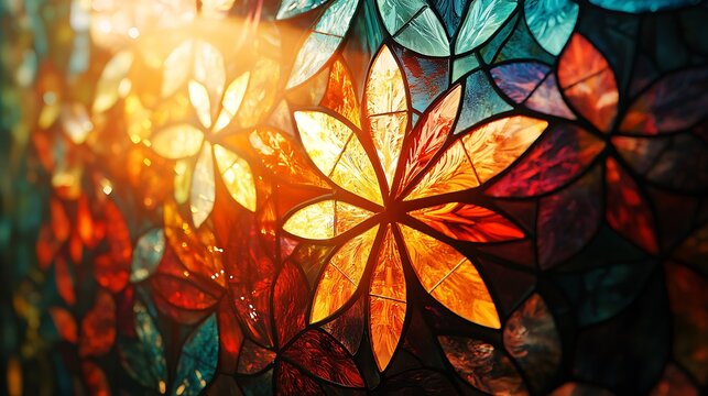 Illuminated floral stained glass panel with vibrant color harmonies and texture