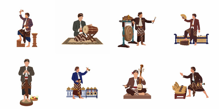 Set of illustrations featuring Javanese men in traditional clothing playing various Indonesian Gamelan musical instruments on a white background.