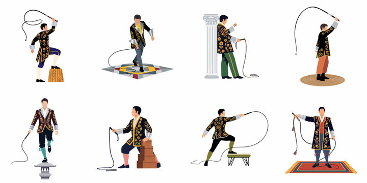 Collection of circus performers in ornate floral costumes with whips, isolated on a white background.