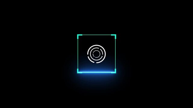 Fingerprint icon with QR scanning circle and targeting squares on black background. Futuristic glowing neon Fingerprint scanning.