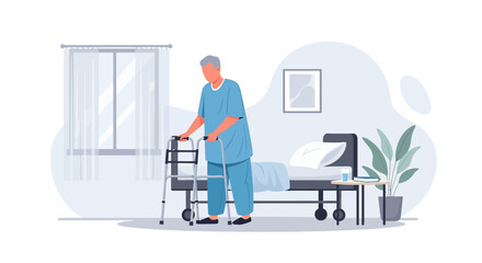 Fototapeta premium Elderly man with walker in hospital room, recovering from surgery