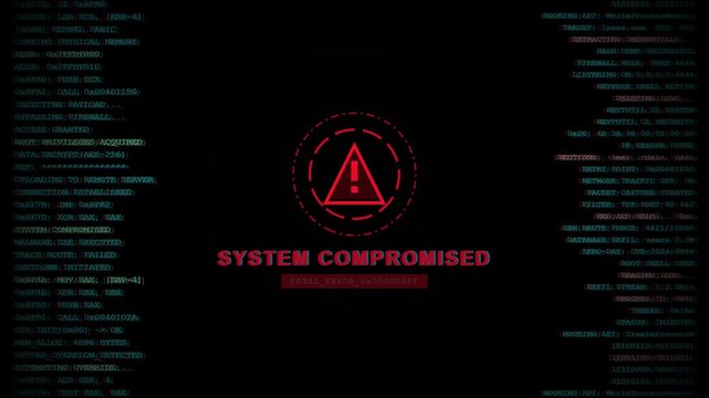 A crimson warning icon overlays scrolling code to illustrate a catastrophic network failure during a hacking emergency.