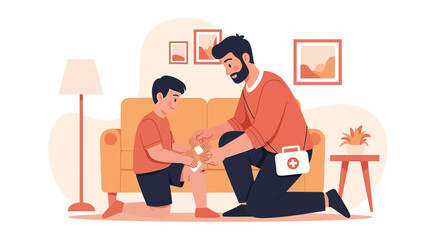 Fototapeta premium Father applying bandage to son's knee, first aid kit nearby, home setting