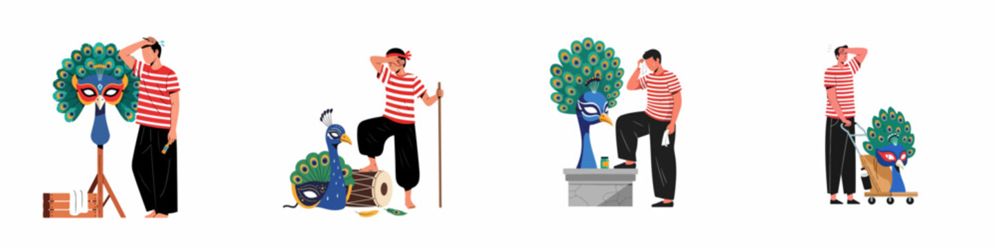 Illustrations of a man working with traditional Indonesian Reog Ponorogo peacock masks, depicting the craftsmanship and hard work involved in this cultural art form.
