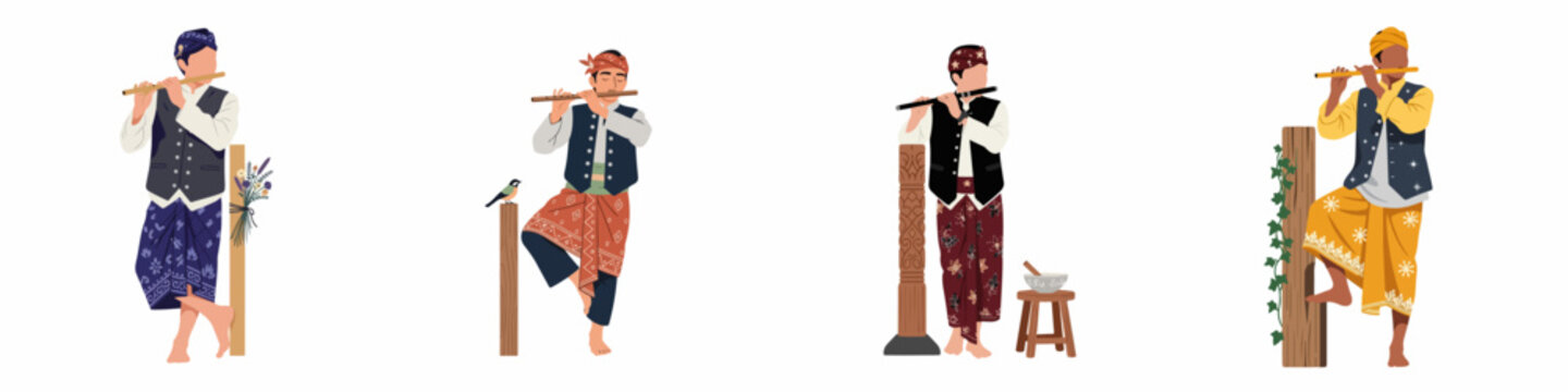 Illustrations of Indonesian men in traditional ethnic costumes playing bamboo flutes, set of characters isolated on a white background.