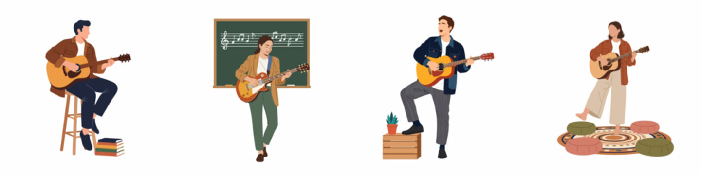 Vector illustrations of men and women playing acoustic and electric guitars in different settings like a classroom and a cozy living room.