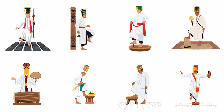 Set of illustrations depicting men in traditional Bugis Makassar South Sulawesi attire performing cultural rituals, dances, and playing musical instruments.