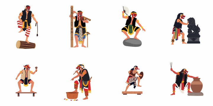 Set of traditional Indonesian dancers wearing red masks and cultural costumes performing various ritualistic activities, isolated on a white background.