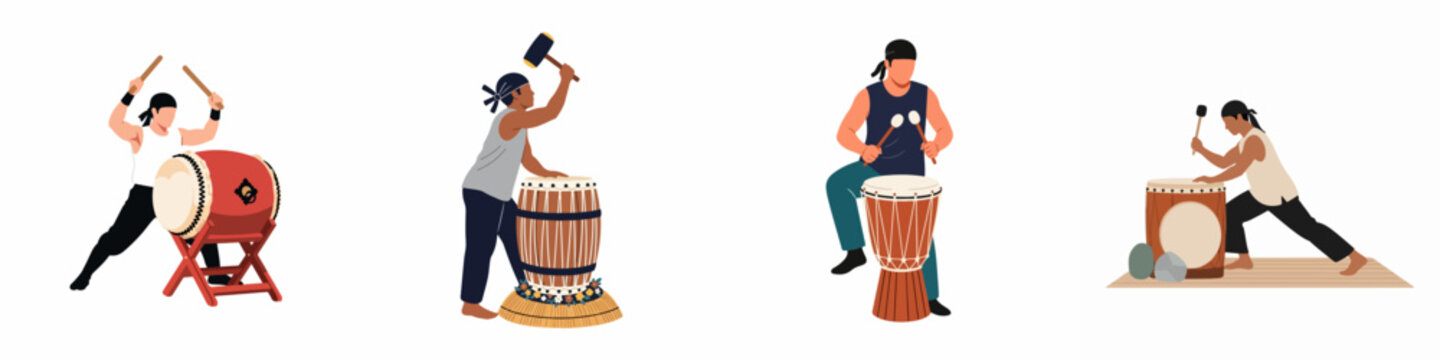 Flat vector illustrations of diverse people playing traditional percussion instruments including taiko and djembe drums isolated on white background.