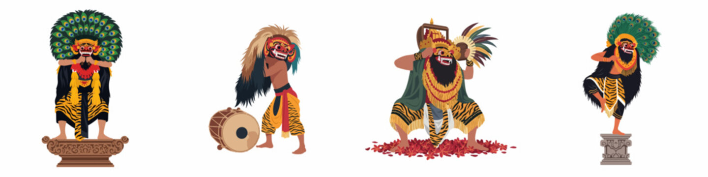Set of Reog Ponorogo illustrations featuring traditional Indonesian dancers with peacock feather masks and tiger costumes in various poses on white background