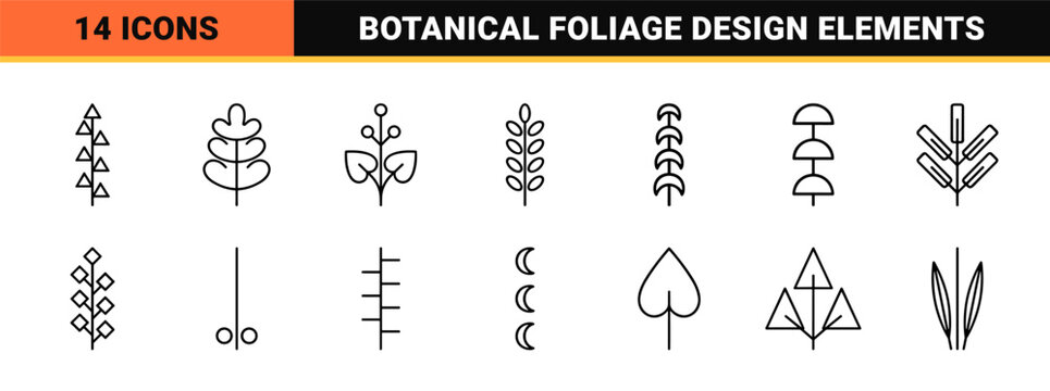 Minimalist botanical branch and leaf outline icon set