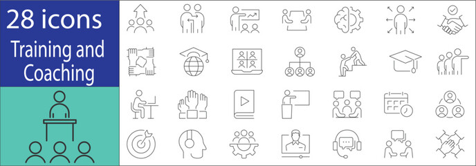 Obraz premium Collection of coaching and training icons including teacher, presentation, teamwork, goal setting, and personal development elements, ideal for business and education design.