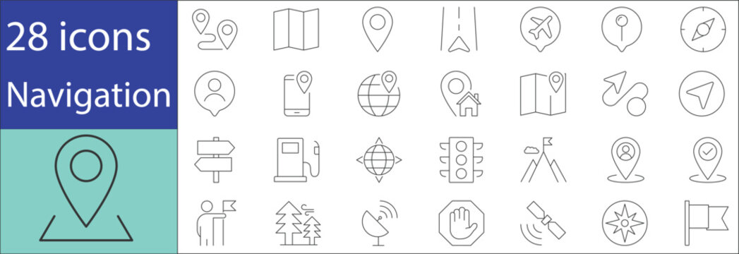 Navigation icon set featuring location, map, compass, direction arrows, and GPS symbols in modern flat vector style for web and mobile applications.