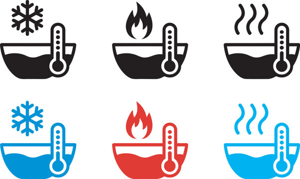 Hot and cold water icon set, still and boiled water symbol, bath temperature sign, snow fire steam illustration, basin thermometer icon, warm cool bath concept