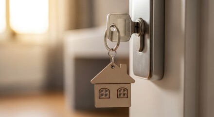 Naklejka premium Key in door lock with house keychain home security access concept