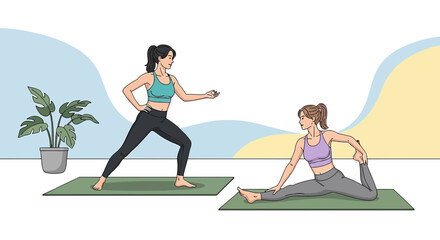 Fototapeta premium Two women practicing yoga on mats, one in warrior pose, the other in pigeon pose.