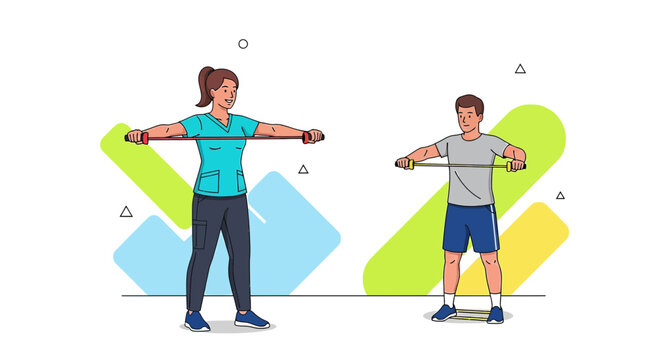 Two people exercising with resistance bands, demonstrating physical therapy and fitness