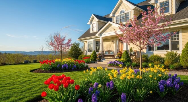 A picturesque suburban house with a well-maintained lawn and vibrant flower beds, set against a backdrop of rolling hills and a clear blue sky.