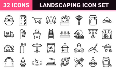 Fototapeta premium Gardening and horticulture line icons set on white grid.