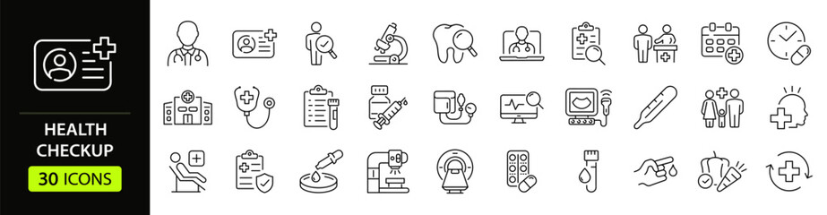 Health checkup Web Icon Set in Linear Style. Collection of medical check up, line icons, including healthcare, diagnosis, hospital, stethoscope, tests, health insurance, patient. Editable stroke © SMUX