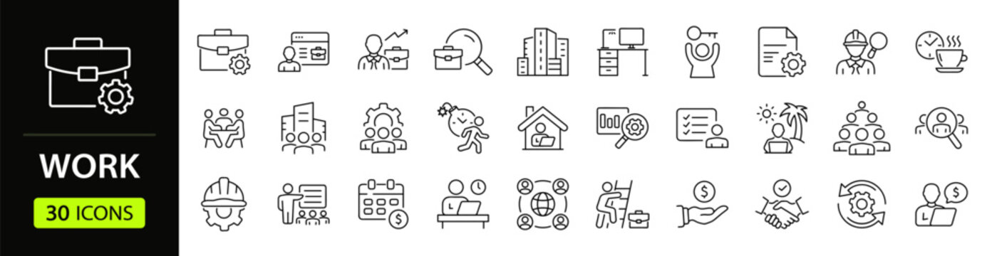 Work Web Icon Set in Linear Style. Collection of business, line icons, including management, freelancer, job, goal, teamwork, meeting, career, organization, employment and more. Editable stroke