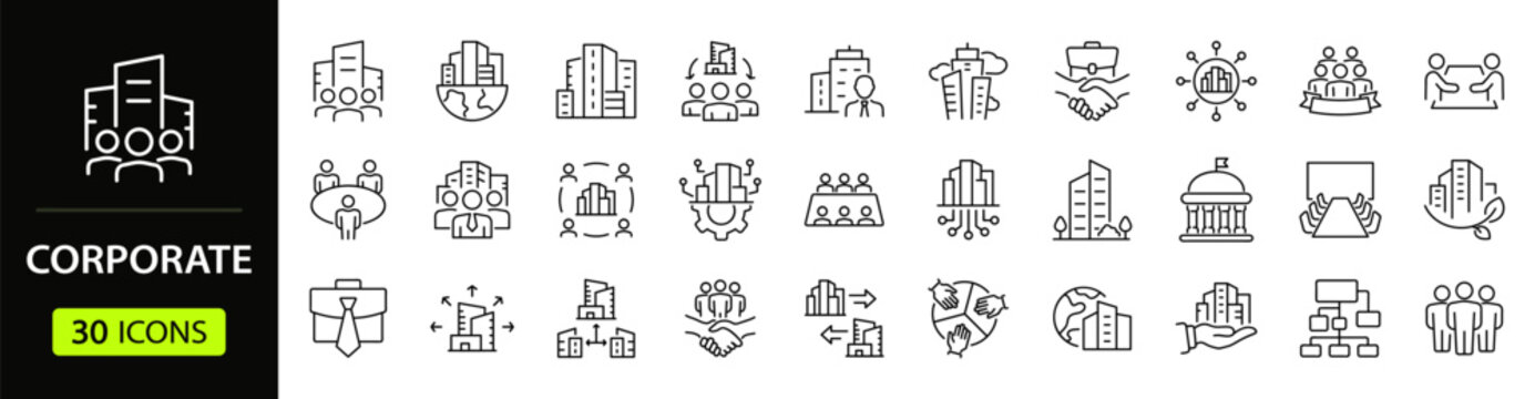 Corporate Web Icon Set in Linear Style. Collection of corporate business, line icons, including business strategy, office, management, workflow, buildings and more. Editable stroke