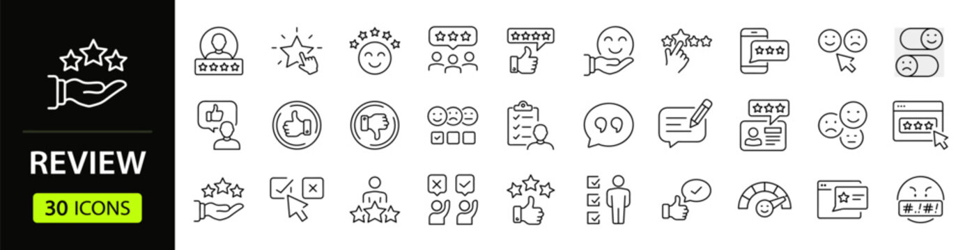 Review Web Icon Set in Linear Style. Collection of feedback, line icons, including rating, satisfaction, like, customer experience, testimonial, comment, opinion, recommend and more. Editable stroke