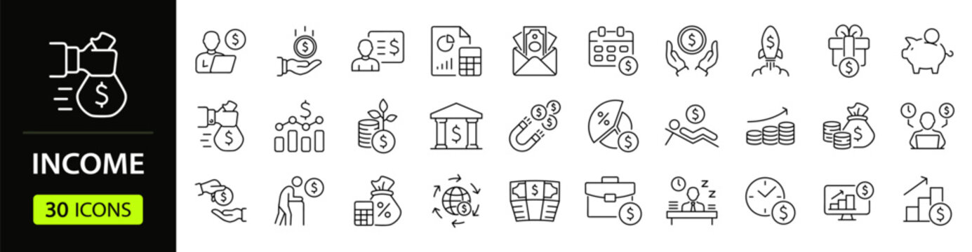 Income Web Icon Set in Linear Style. Collection of money, line icons, including money, payment, earnings, pension, economy, bonus, dividend, tax, accounting, financial and more. Editable stroke